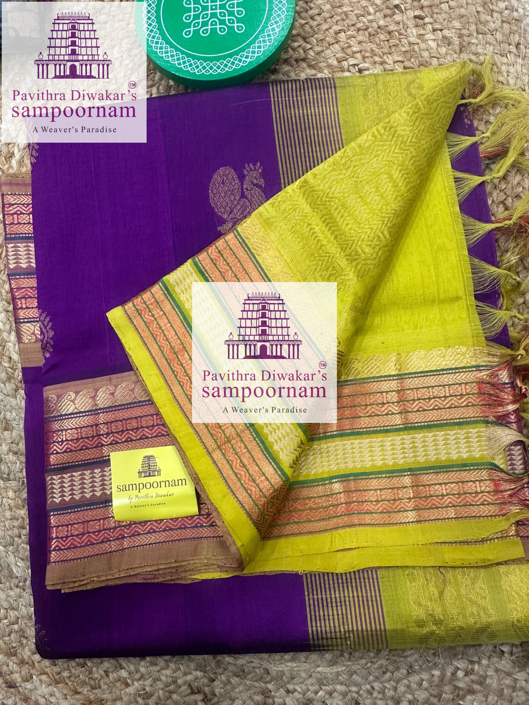 Purple with Lemon Yellow  , rich Zari butta in the body and Kanchi traditional borders and rich Pallu Korvai Silk Cotton Saree