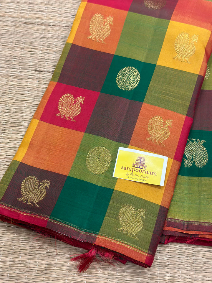 Pallum Pazham Kattam with Mayil and Chakram Butta with a Rich Red Pallu, Pure Zari Pure Silk Kanjivaram Silk Saree