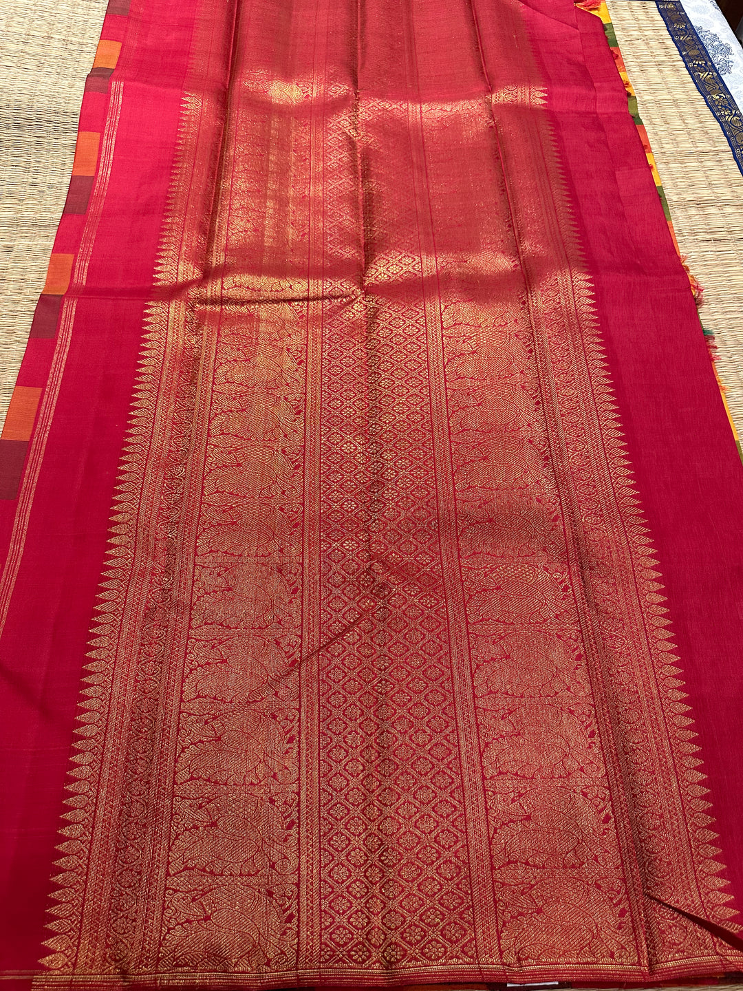 Pallum Pazham Kattam with Mayil and Chakram Butta with a Rich Red Pallu, Pure Zari Pure Silk Kanjivaram Silk Saree