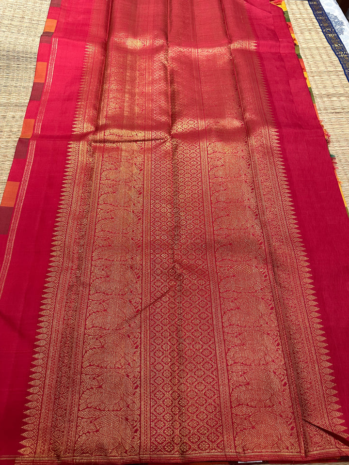 Pallum Pazham Kattam with Mayil and Chakram Butta with a Rich Red Pallu, Pure Zari Pure Silk Kanjivaram Silk Saree