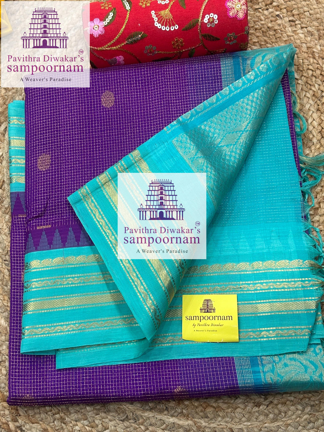 Purple with Turquoise Blue , rich zari Podi Kattam with butta in the body , temple traditional borders and rich  Pallu Korvai Silk Cotton Sare