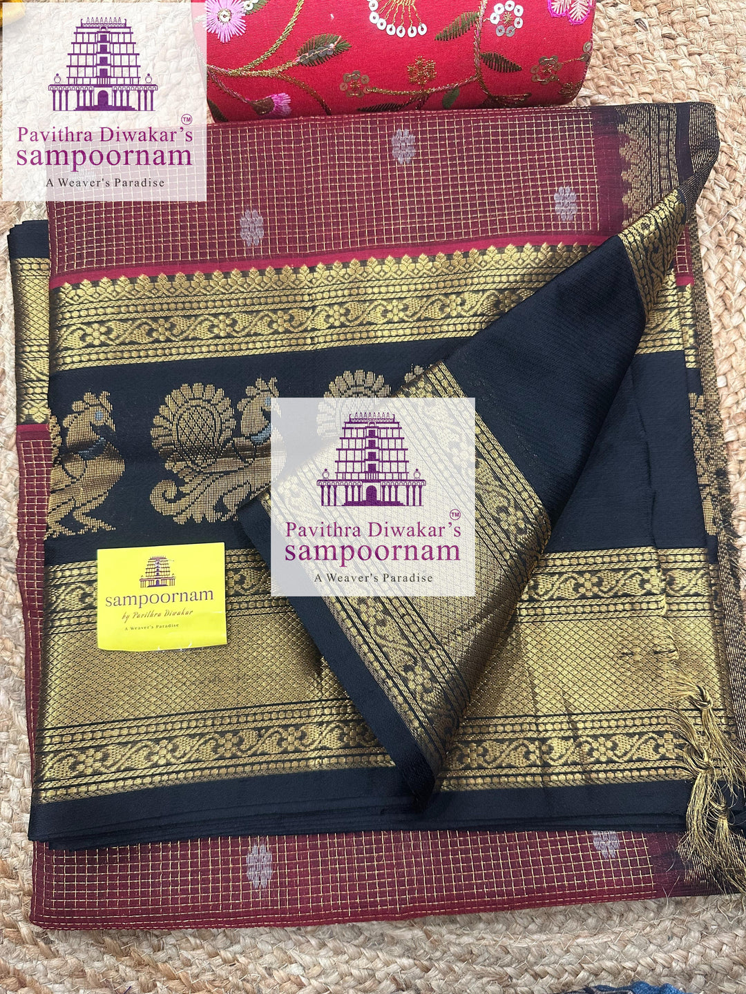 Maroon with Black ,  Zari Podi Kattam in the body , one side big Satin border with Annam motif , traditional border and rich Pallu Korvai Silk Cotton Saree