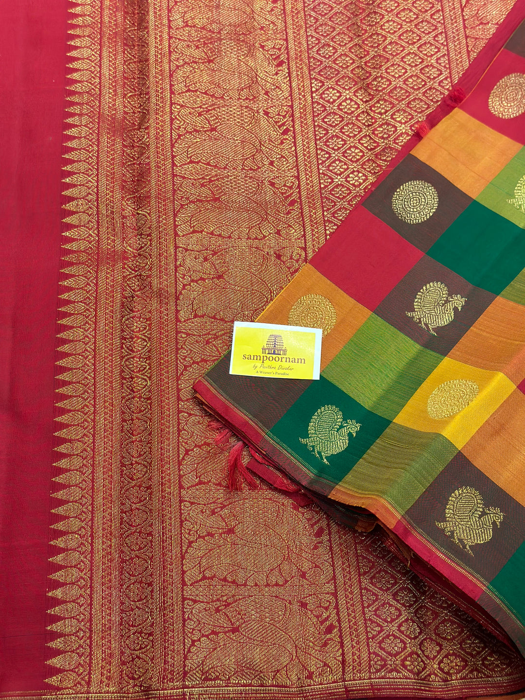 Pallum Pazham Kattam with Mayil and Chakram Butta with a Rich Red Pallu, Pure Zari Pure Silk Kanjivaram Silk Saree