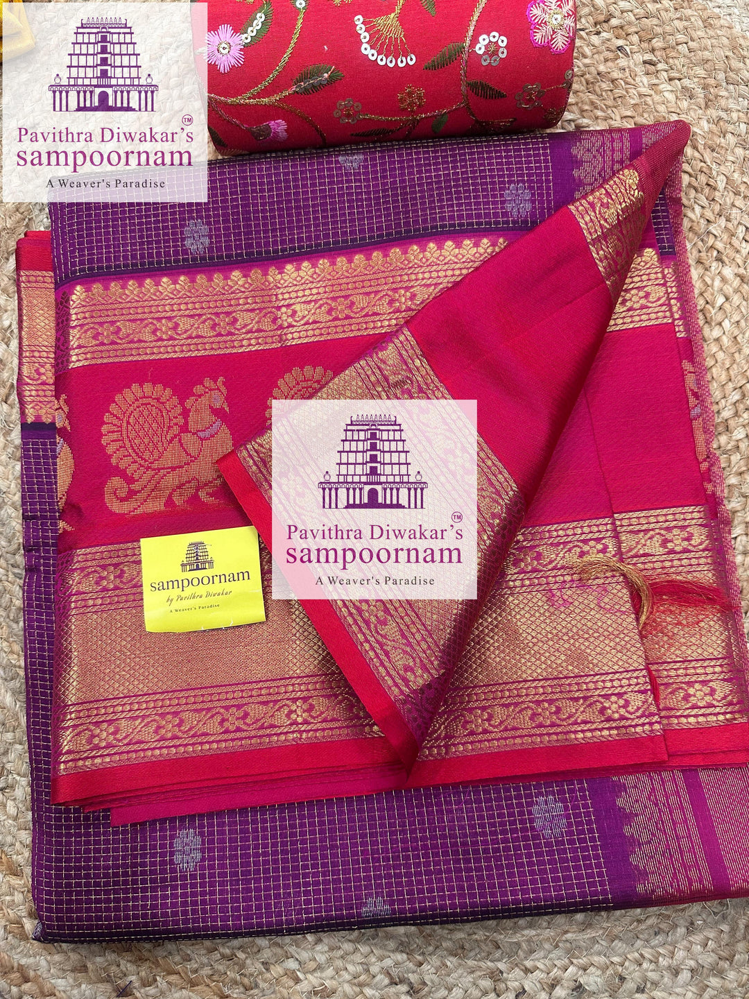 Purple with Pink , Zari Podi Kattam in the body , one side big Satin border with Annam motif , traditional border and rich Pallu Korvai Silk Cotton Saree