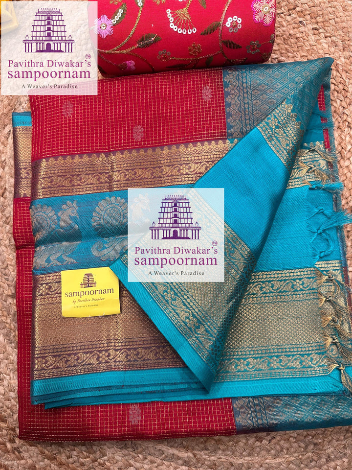 Red with Turquoise Blue , Zari Podi Kattam in the body , one side big Satin border with Annam motif , traditional border and rich Pallu Korvai Silk Cotton Saree
