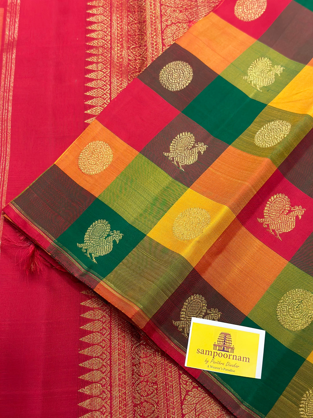 Pallum Pazham Kattam with Mayil and Chakram Butta with a Rich Red Pallu, Pure Zari Pure Silk Kanjivaram Silk Saree