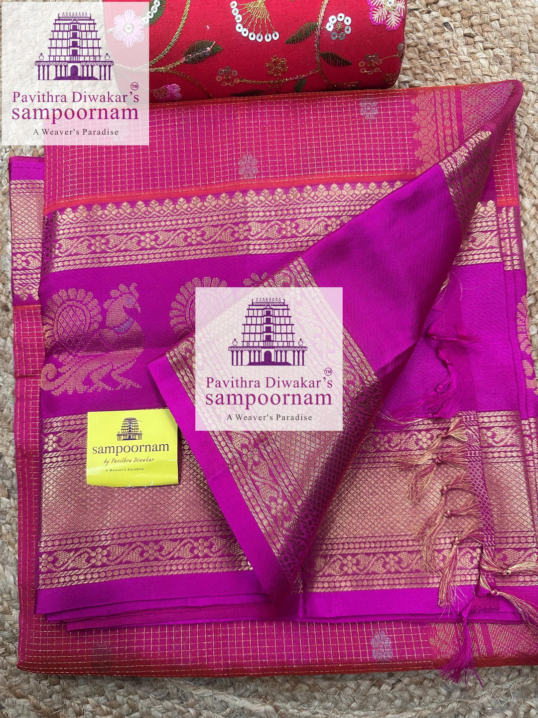 Dark Pink with Pink Zari Podi Kattam in the body , one side big Satin border with Annam motif , traditional border and rich Pallu Korvai Silk Cotton Saree