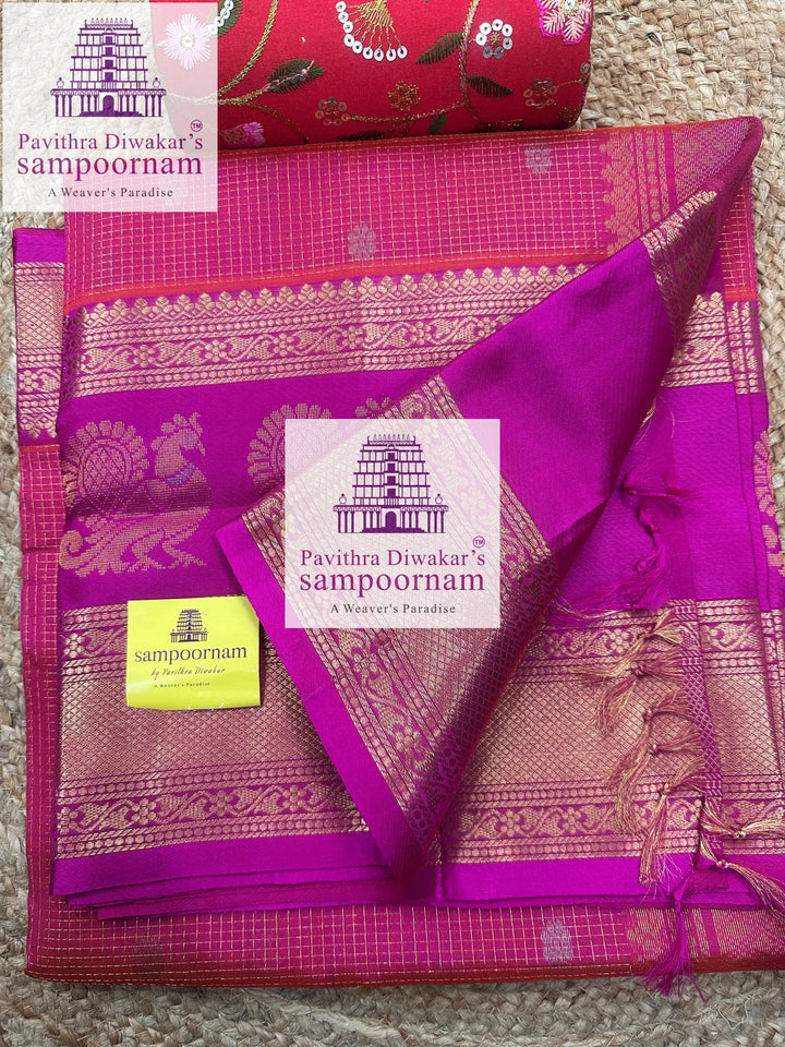 Dark Pink with Pink Zari Podi Kattam in the body , one side big Satin border with Annam motif , traditional border and rich Pallu Korvai Silk Cotton Saree