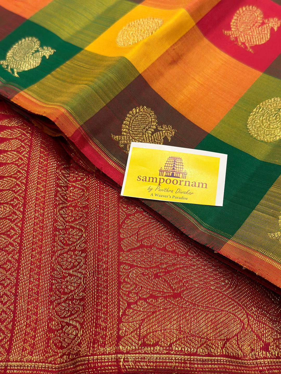 Pallum Pazham Kattam with Mayil and Chakram Butta with a Rich Red Pallu, Pure Zari Pure Silk Kanjivaram Silk Saree