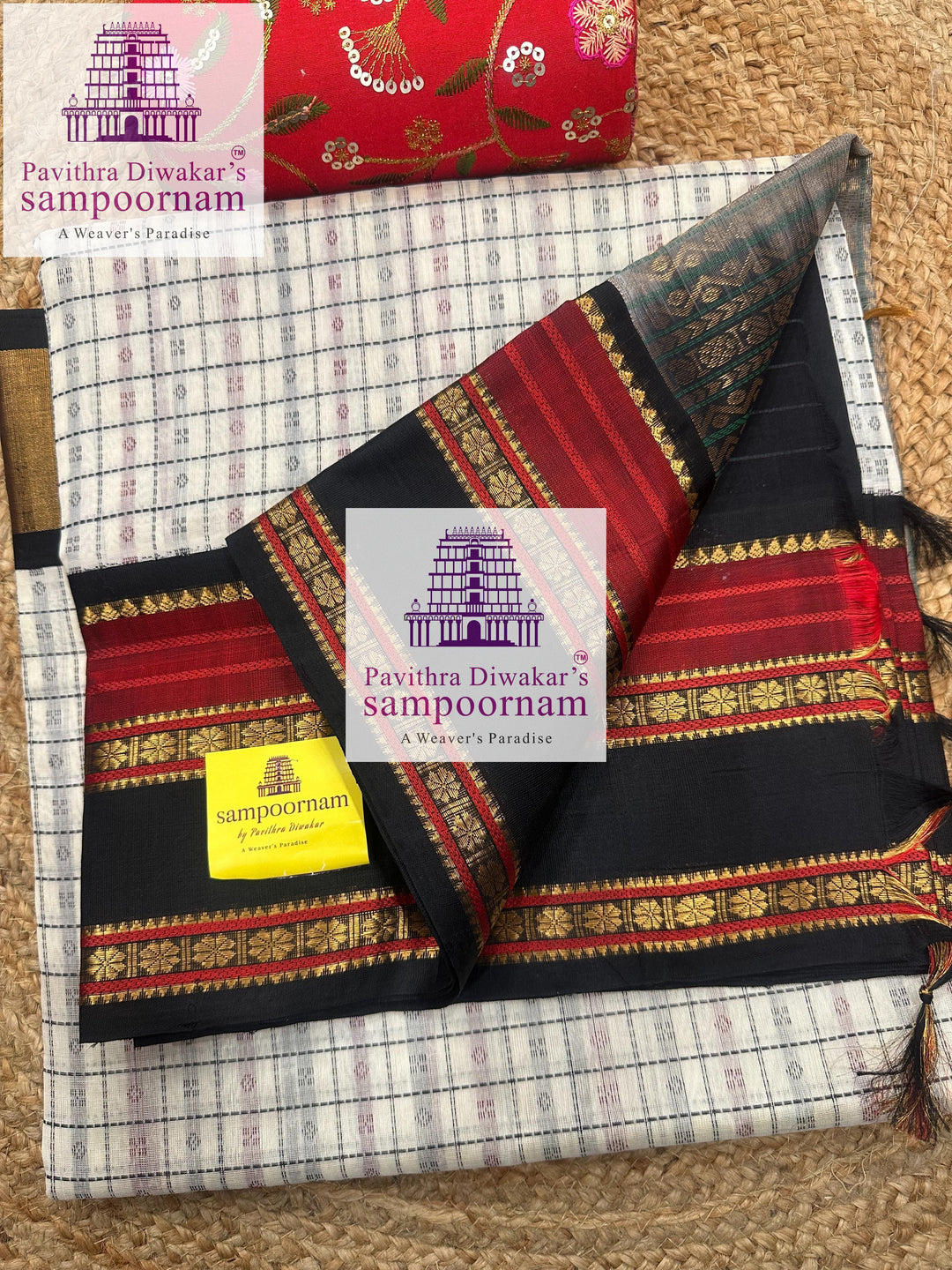White with Black  , Lakshadeepam Thread Work in the Body, traditional borders and rich Pallu Korvai Silk Cotton saree
