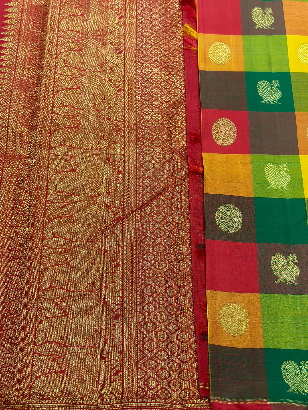 Pallum Pazham Kattam with Mayil and Chakram Butta with a Rich Red Pallu, Pure Zari Pure Silk Kanjivaram Silk Saree