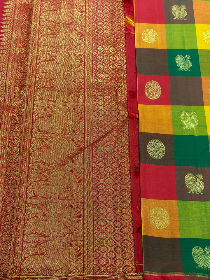 Pallum Pazham Kattam with Mayil and Chakram Butta with a Rich Red Pallu, Pure Zari Pure Silk Kanjivaram Silk Saree