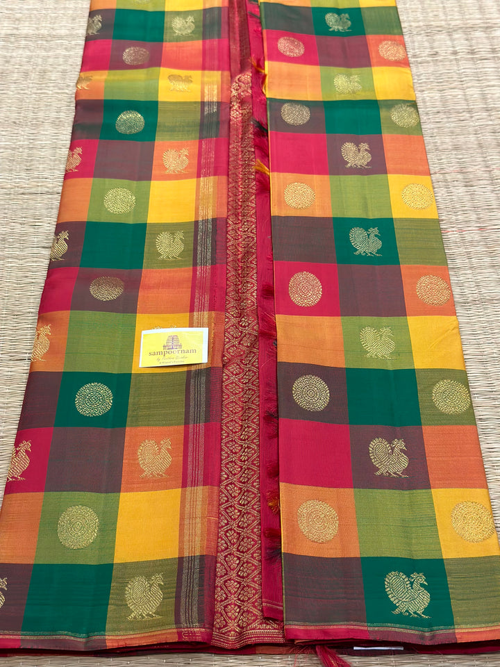 Pallum Pazham Kattam with Mayil and Chakram Butta with a Rich Red Pallu, Pure Zari Pure Silk Kanjivaram Silk Saree