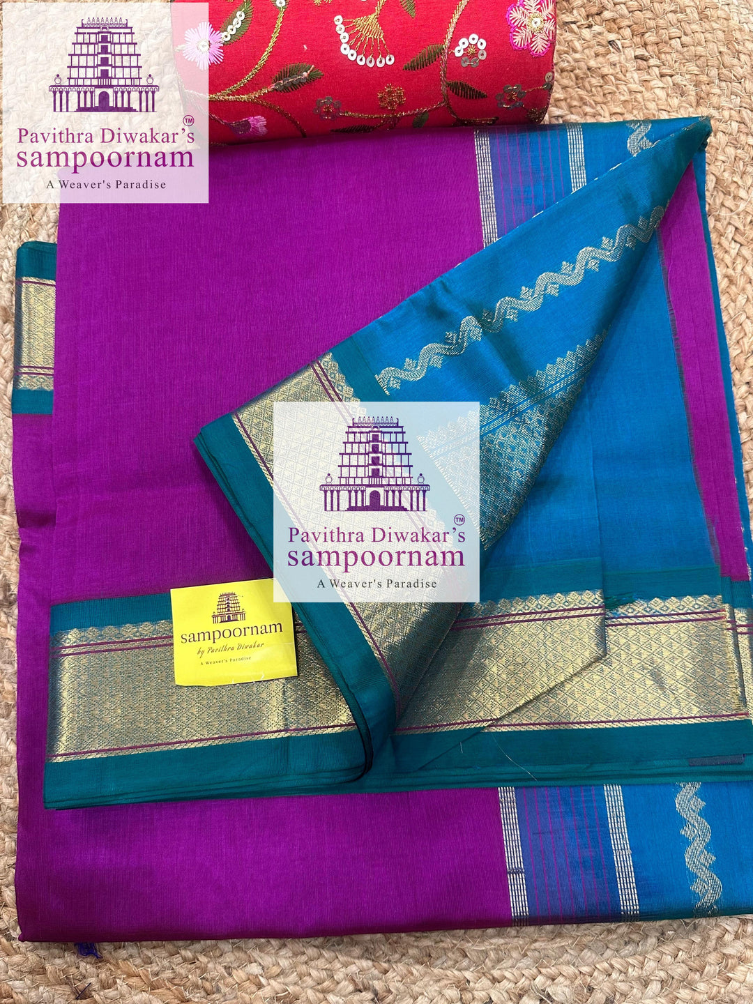 Vadamalli with Mayilkazhuthu Blue, traditional borders and rich Pallu Korvai Silk Cotton Saree