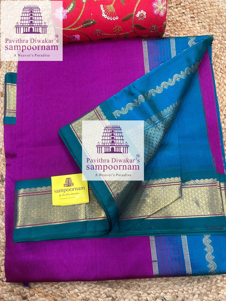 Vadamalli with Mayilkazhuthu Blue, traditional borders and rich Pallu Korvai Silk Cotton Saree