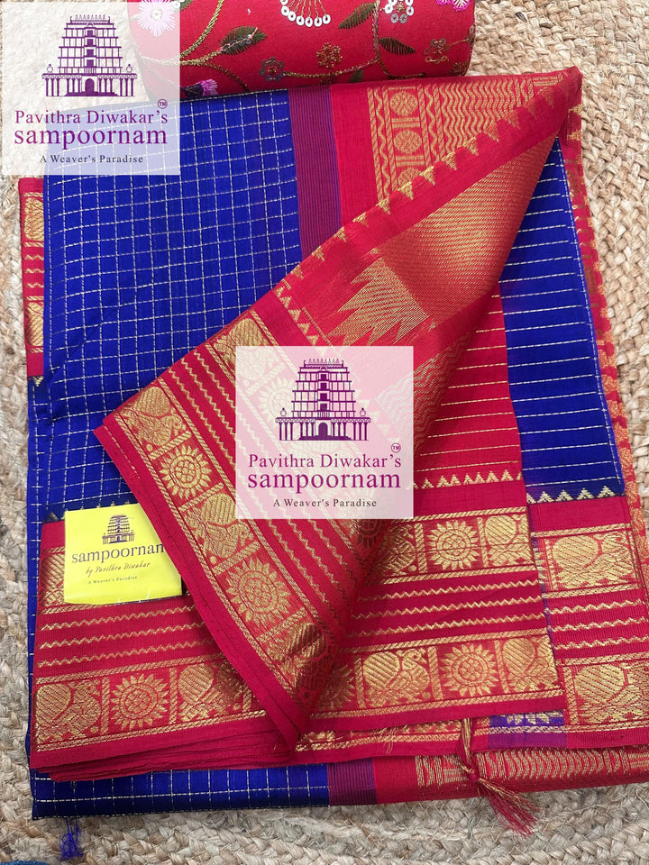 Blue with Red , Zari checks in the body , traditional rettapet border and rich Pallu Korvai Silk Cotton Saree