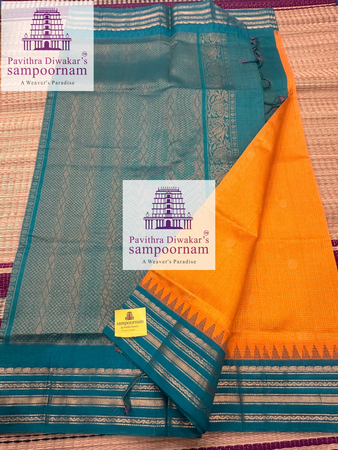 Mambazha Manjal with Turquoise Blue , rich zari Podi Kattam with butta in the body , temple traditional borders and rich  Pallu Korvai Silk Cotton Sare