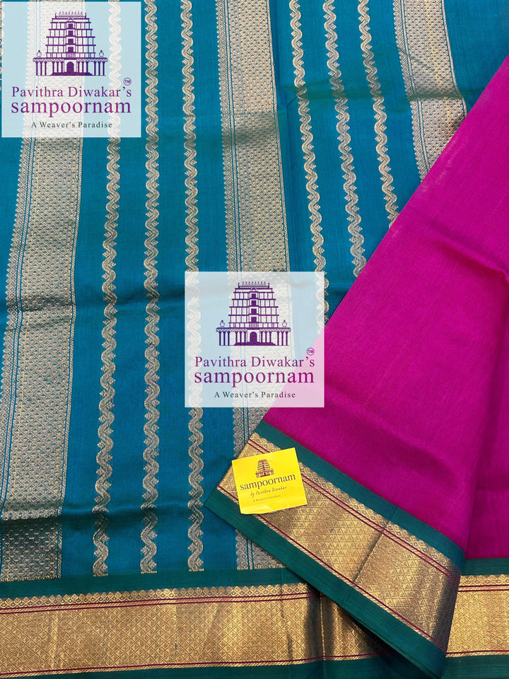 Vadamalli with Mayilkazhuthu Blue, traditional borders and rich Pallu Korvai Silk Cotton Saree