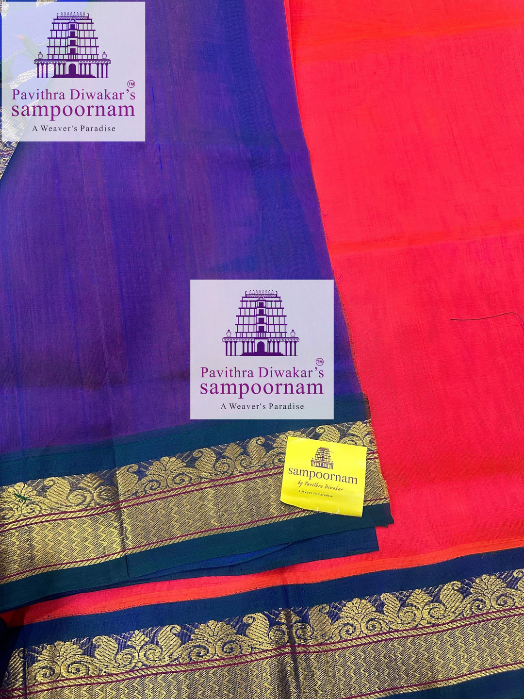 Dark Orangish Pink with Mayilkazhuthu , rich Zari butta in the body , traditional borders and rich Pallu Korvai Silk Cotton Saree