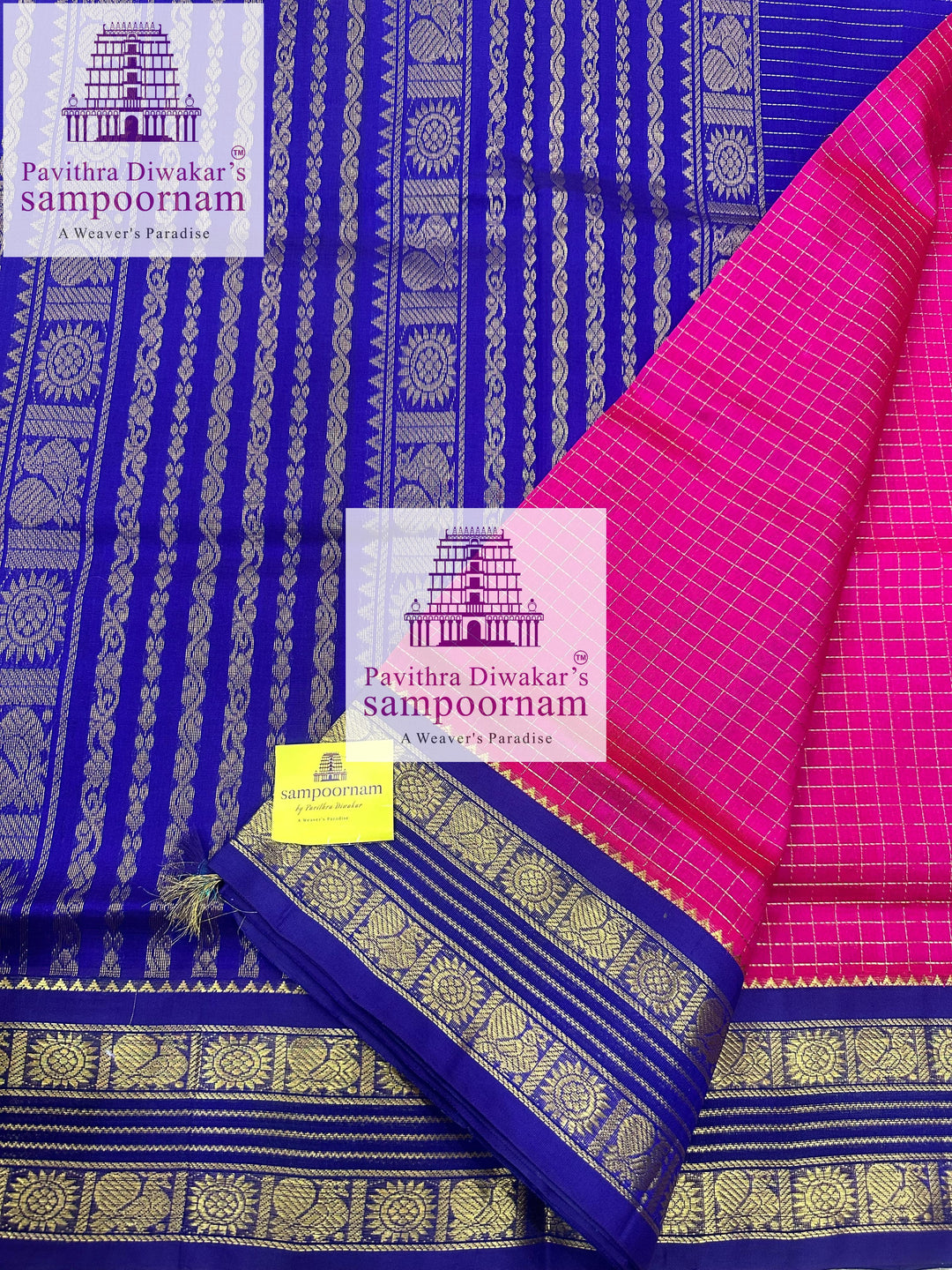 Magenta with Blue ,Zari checks in the body , traditional rettapet border and rich Pallu Korvai Silk Cotton Saree
