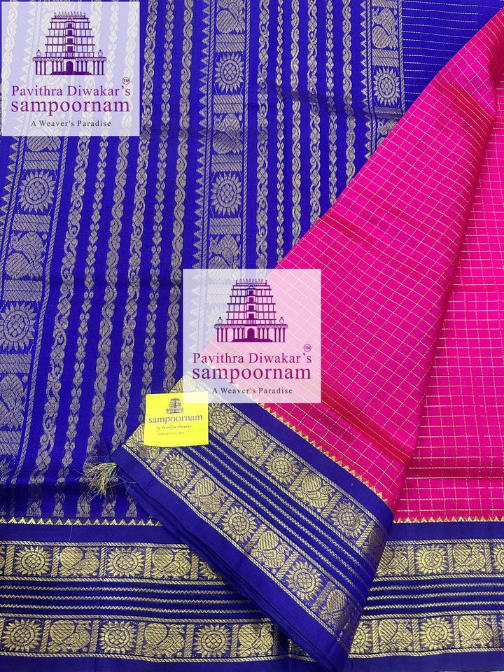 Magenta with Blue ,Zari checks in the body , traditional rettapet border and rich Pallu Korvai Silk Cotton Saree