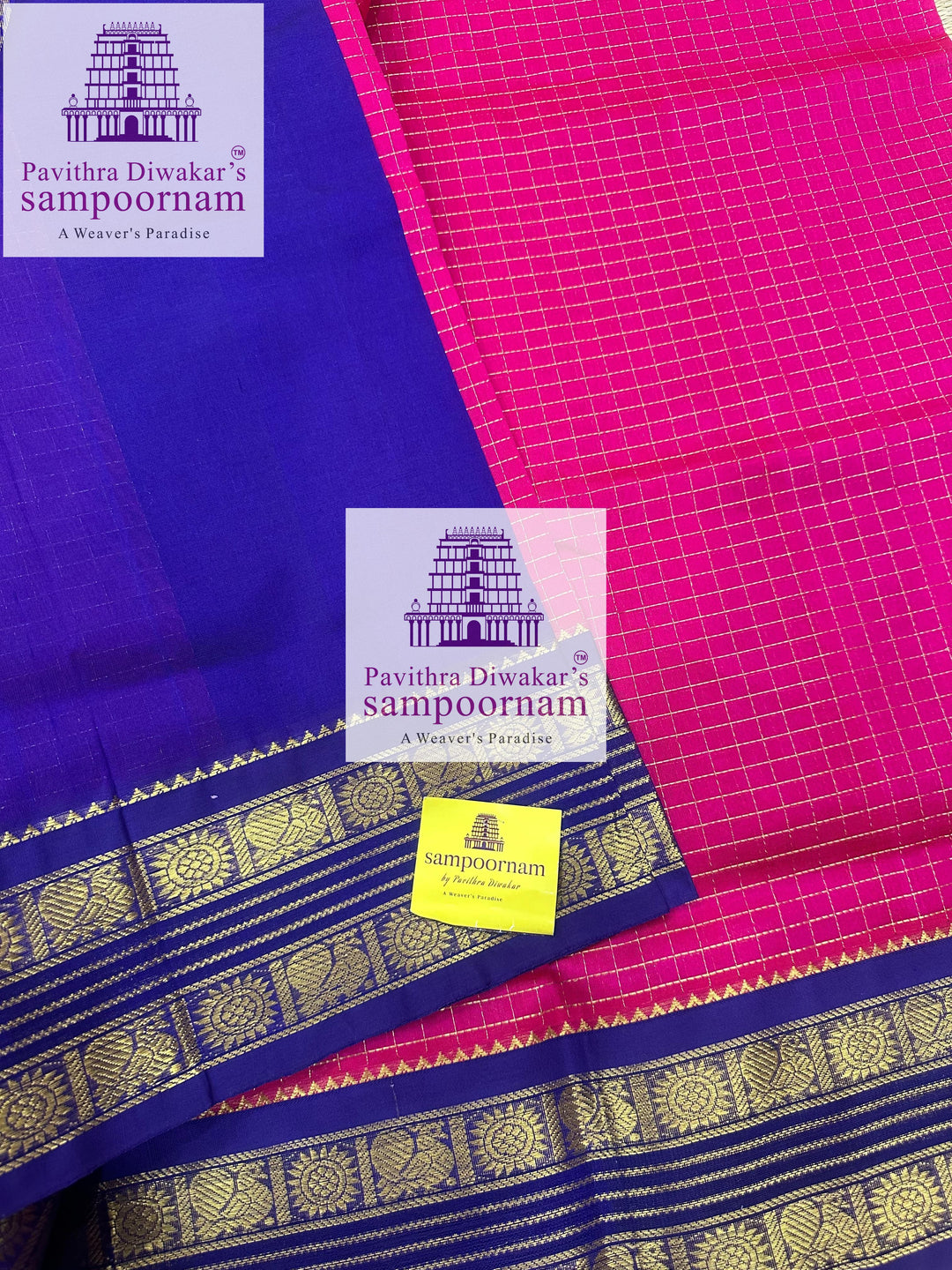 Magenta with Blue ,Zari checks in the body , traditional rettapet border and rich Pallu Korvai Silk Cotton Saree