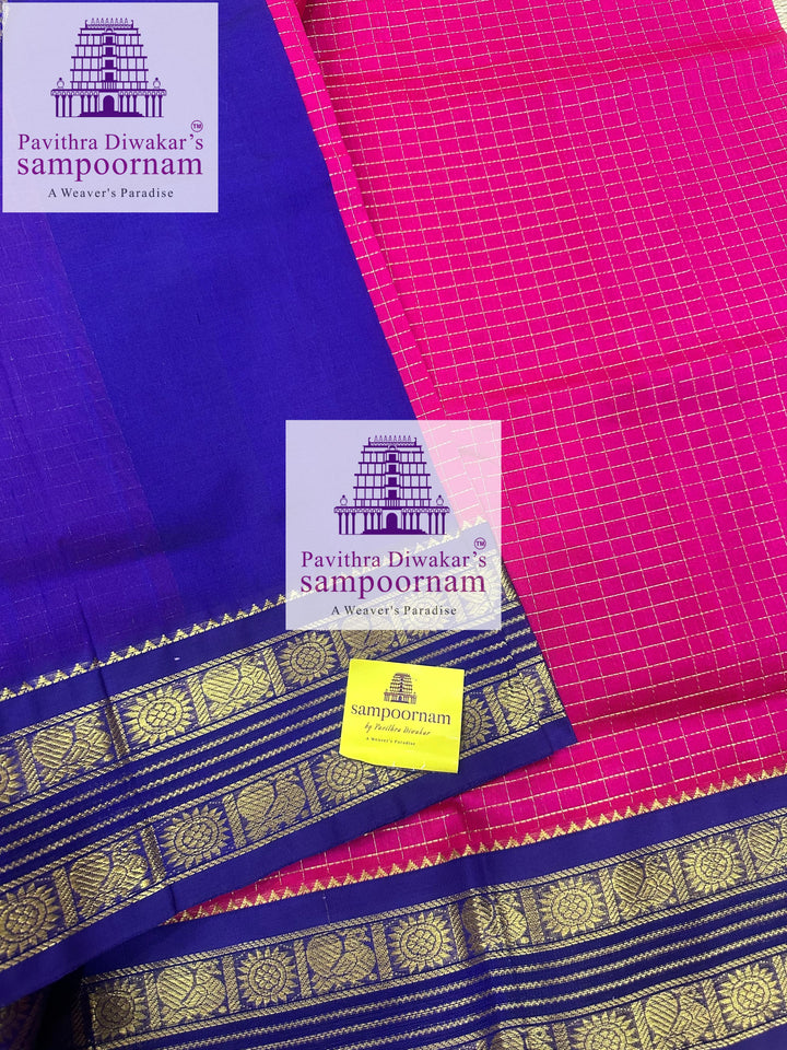 Magenta with Blue ,Zari checks in the body , traditional rettapet border and rich Pallu Korvai Silk Cotton Saree