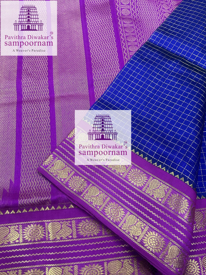 Blue with Purple , Zari checks in the body , traditional rettapet border and rich Pallu Korvai Silk Cotton Saree