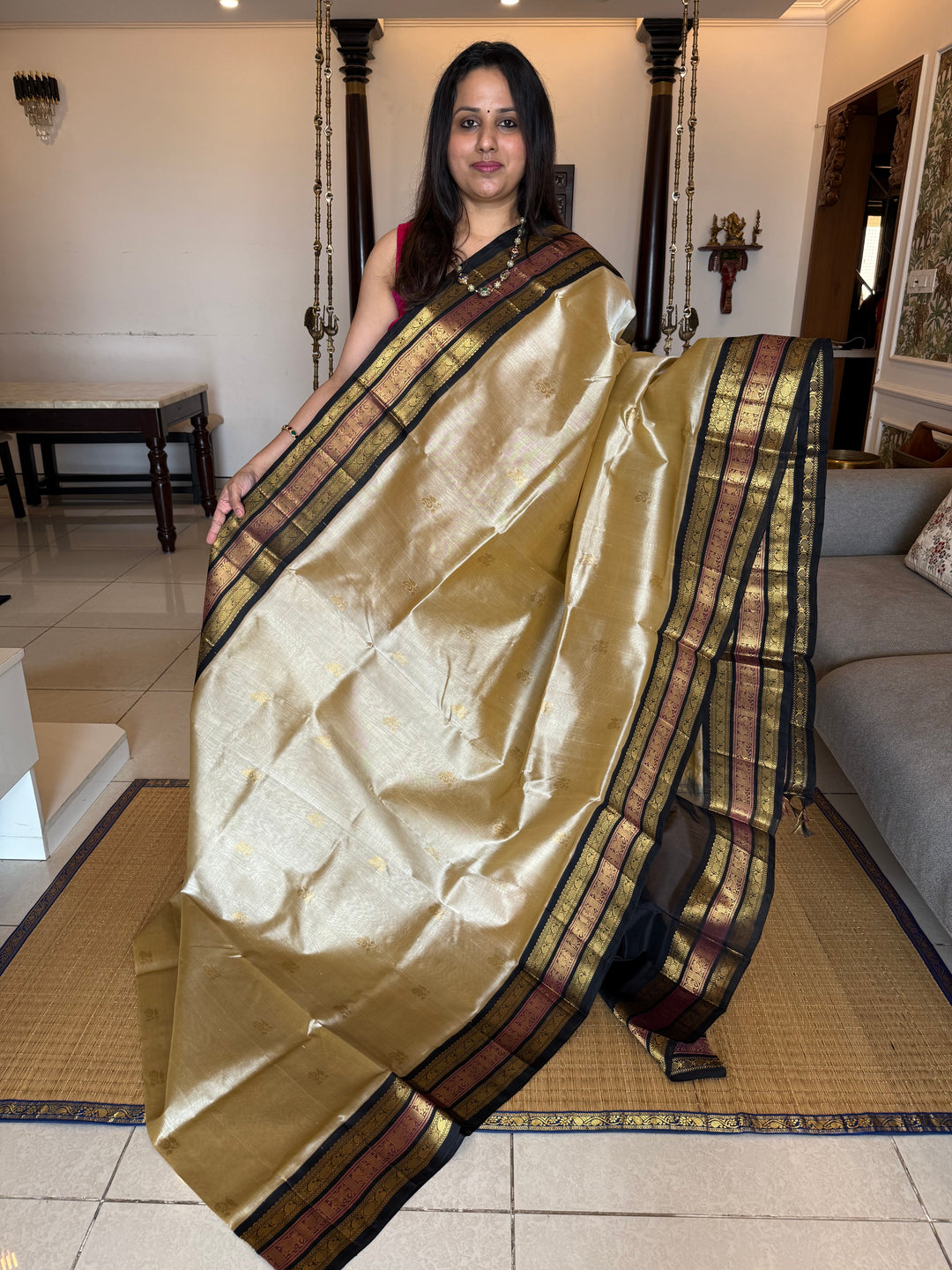 Gold with Black colour Rich Zari Butta in the body , Kanchi border and rich pallu Korvai Silk Cotton Saree