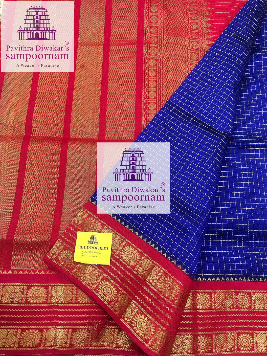 Blue with Red , Zari checks in the body , traditional rettapet border and rich Pallu Korvai Silk Cotton Saree