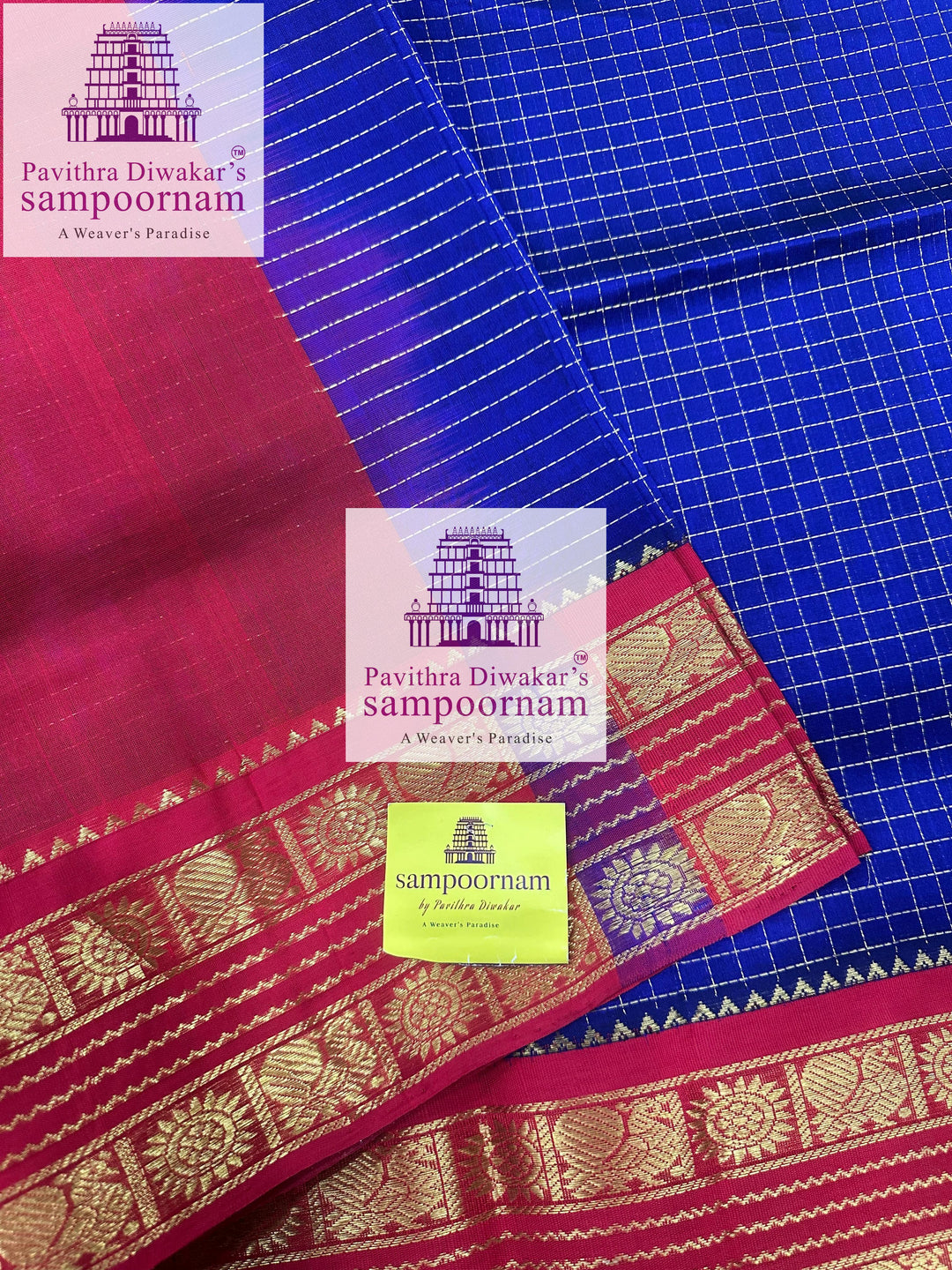 Blue with Red , Zari checks in the body , traditional rettapet border and rich Pallu Korvai Silk Cotton Saree