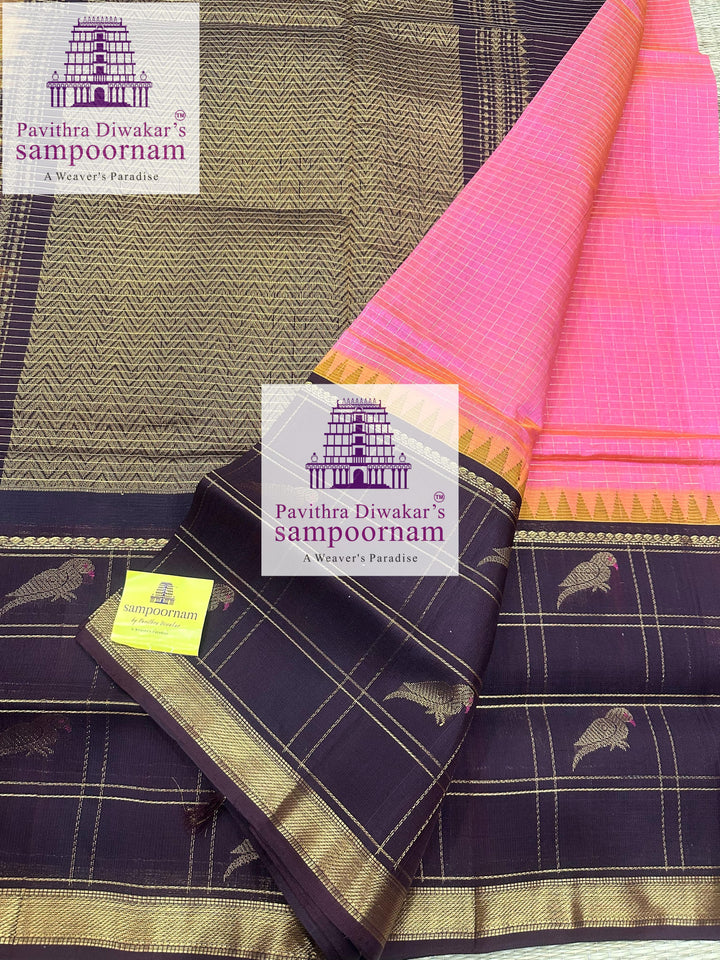 Peach Pink with Dark Brow ,one side big border with Kili motifs in Zari checks in the body and grand Pallu Korvai Silk Cotton Sare