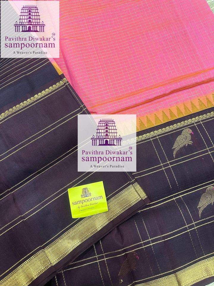 Peach Pink with Dark Brow ,one side big border with Kili motifs in Zari checks in the body and grand Pallu Korvai Silk Cotton Sare