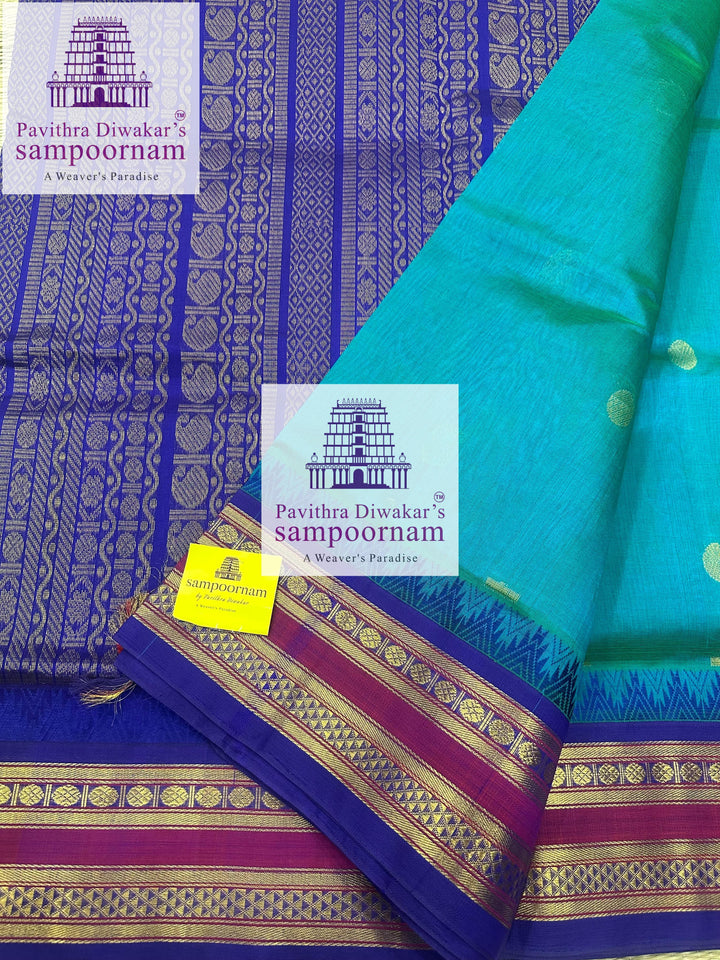 Ramar Blue with Dark  Blue ,rich Zari butta in the body, traditional borders and rich  , rich Zari butta in the body and Kanchi traditional borders and rich Pallu Korvai Silk Cotton Saree