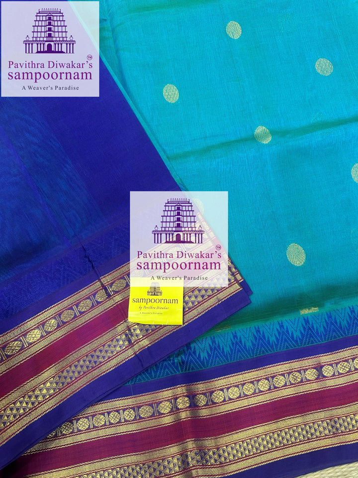 Ramar Blue with Dark  Blue ,rich Zari butta in the body, traditional borders and rich  , rich Zari butta in the body and Kanchi traditional borders and rich Pallu Korvai Silk Cotton Saree