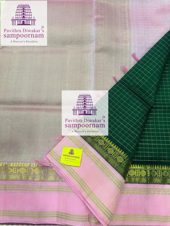 Green with Baby Pink  , Zari checks in the body , rettapet border and grand  Pallu Korvai Silk Cotton Saree