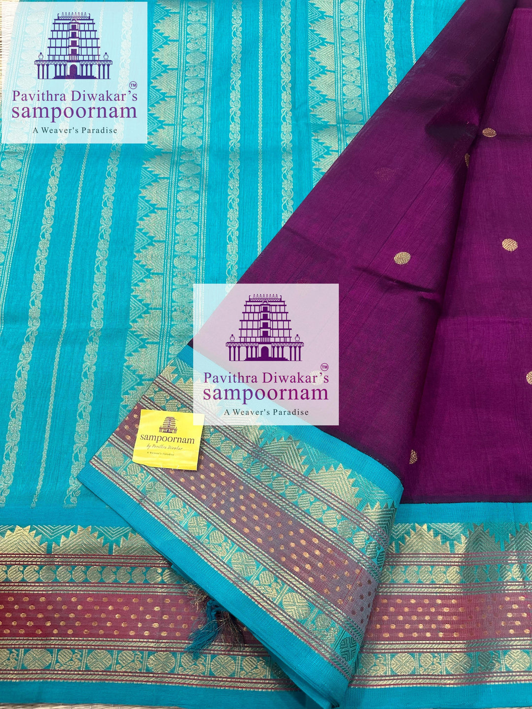 Purple with Blue ,rich Zari butta in the body, traditional borders and rich  , rich Zari butta in the body and Kanchi traditional borders and rich Pallu Korvai Silk Cotton Sare