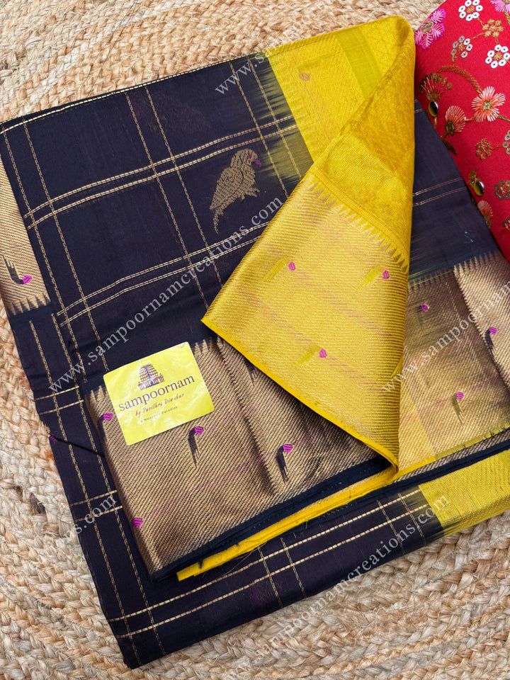 Brown with Mustard Yellow , rich Parrot Zari motif in the body and traditional Paithani Borders ,  grand Pallu Korvai Silk Cotton Saree
