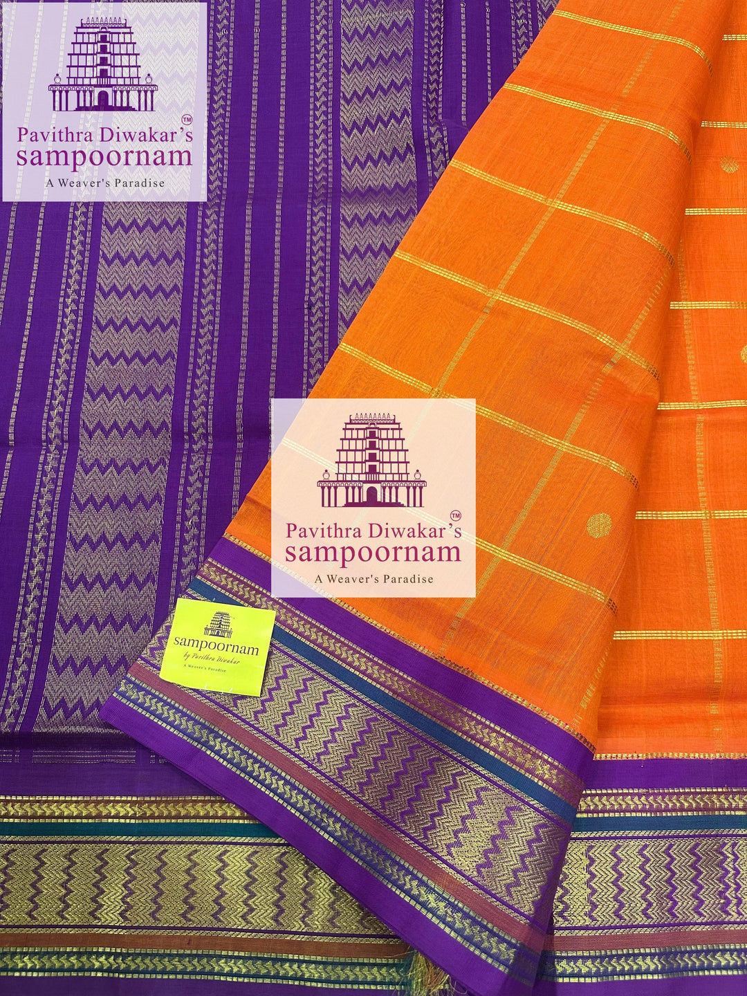 Orange with Purple , rich Zari butta , traditional borders and rich Pallu Korvai Silk Cotton Saree
