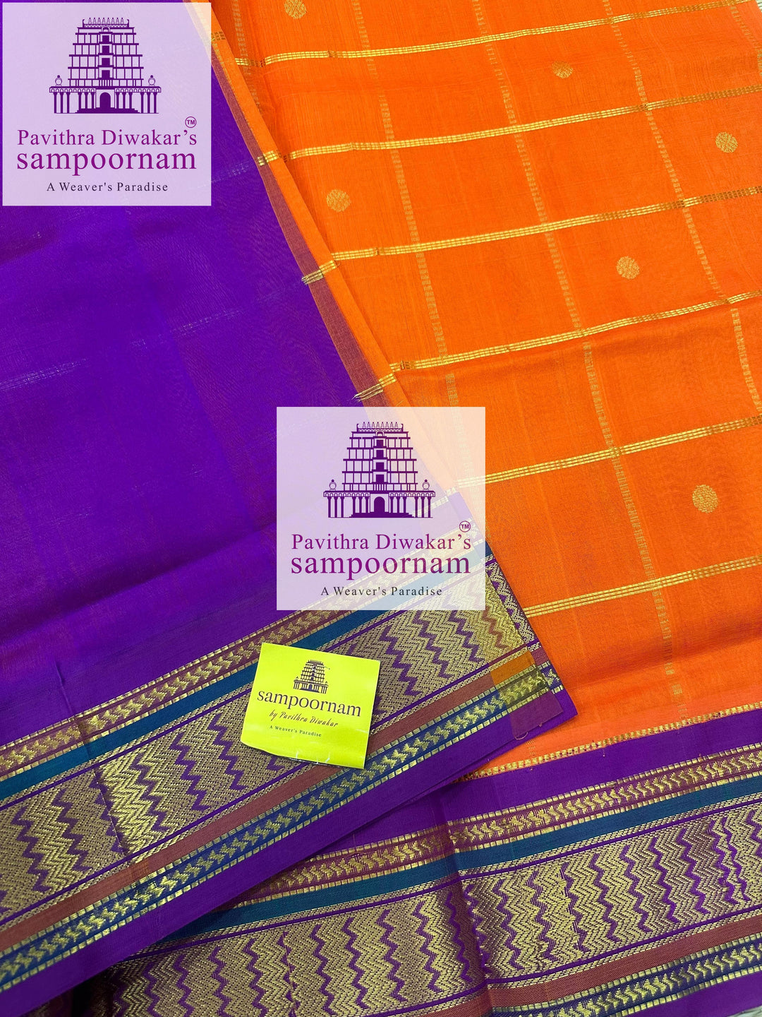 Orange with Purple , rich Zari butta , traditional borders and rich Pallu Korvai Silk Cotton Saree