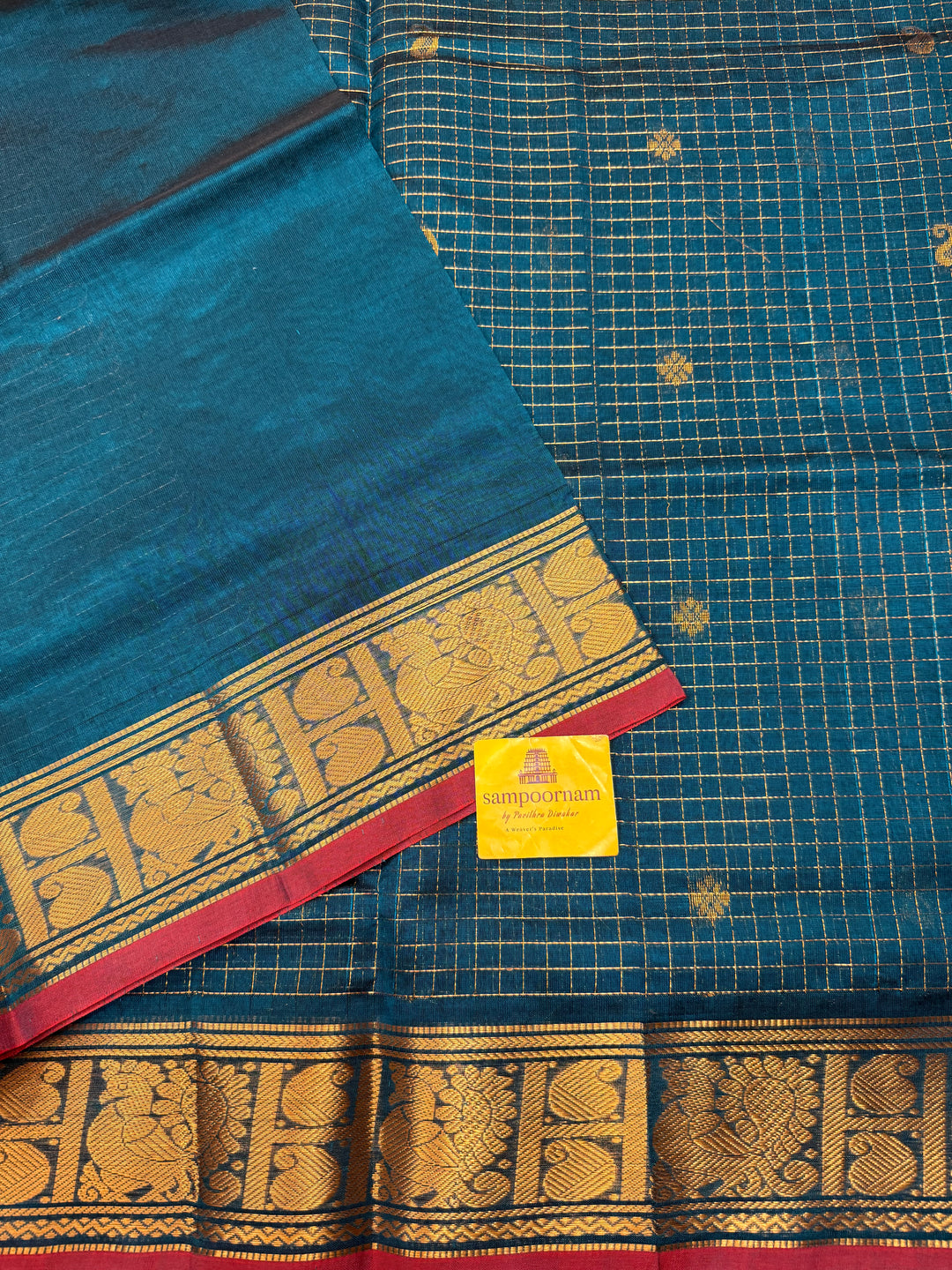 Mayilkazhuthu Blue with Red Selvedge, Podi Kattam in the Body, Rich Butta and Traditional Borders, Semi Silk Cotton Saree