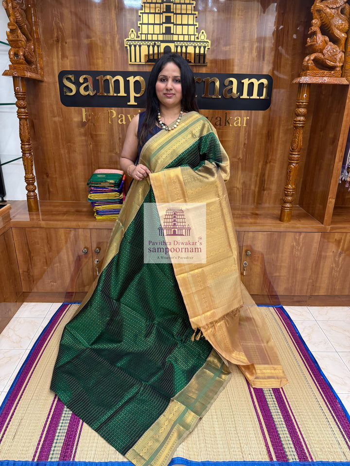 Dark Green with Beige , Zari Lakshadeepam Silk Cotton Saree