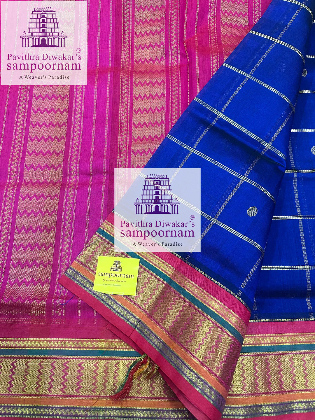 Blue with Pink , Zari checks in the body , rich Zari butta , traditional borders and rich Pallu Korvai Silk Cotton Saree