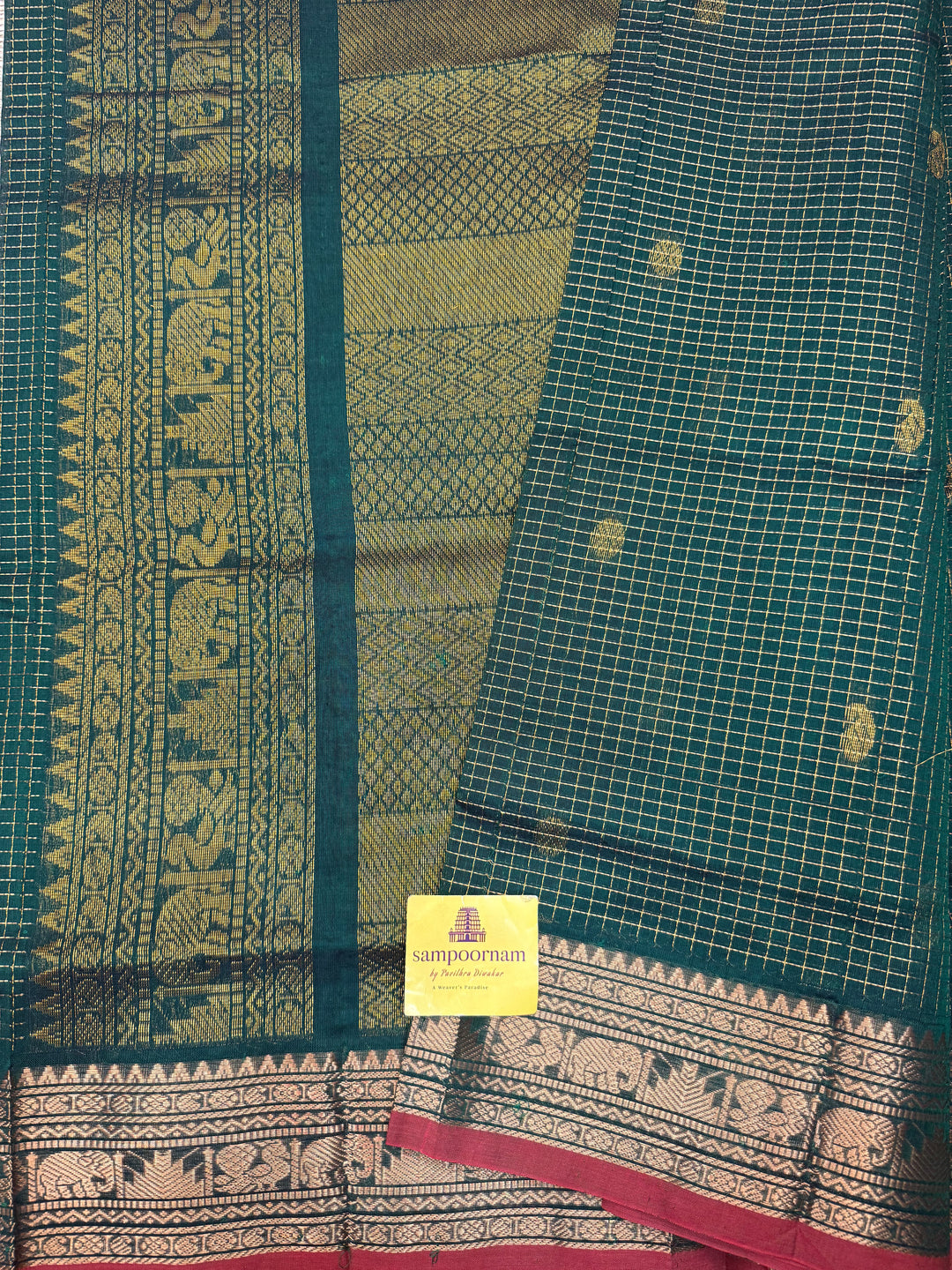 Green with Red Selvedge ,Podi Zari Kattam in the Body, Traditional Borders and Rich Pallu Semi Silk Cotton Saree