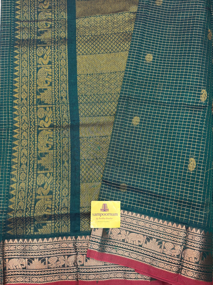 Green with Red Selvedge ,Podi Zari Kattam in the Body, Traditional Borders and Rich Pallu Semi Silk Cotton Saree