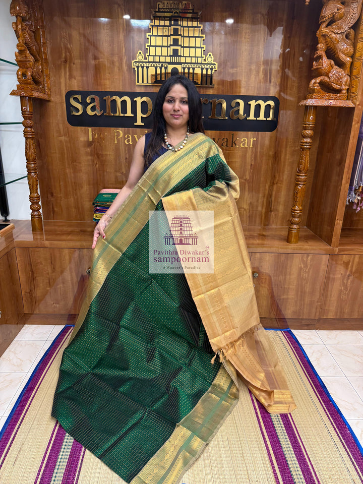 Dark Green with Beige , Zari Lakshadeepam Silk Cotton Saree