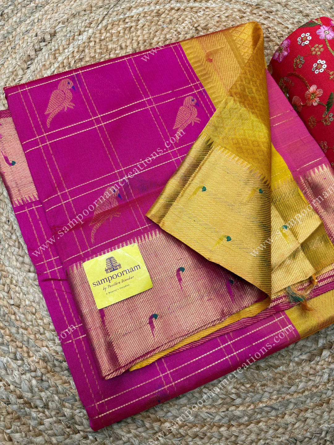 Pink with Mustard Yellow , rich Parrot Zari motif in the body and traditional Paithani Border ,  grand Pallu  Silk Cotton Saree