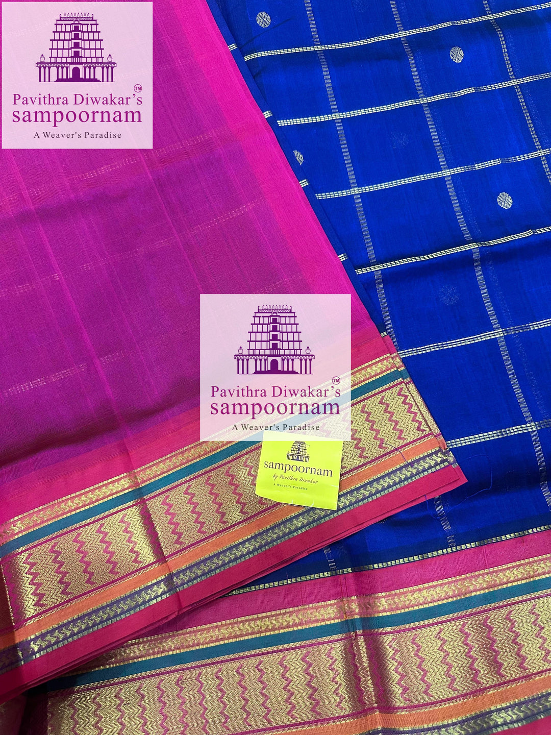 Blue with Pink , Zari checks in the body , rich Zari butta , traditional borders and rich Pallu Korvai Silk Cotton Saree