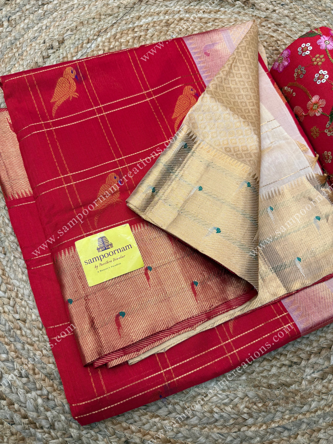 Red with Cream , rich Parrot Zari motif in the body and traditional Paithani Borders,  grand Pallu Silk Cotton Saree