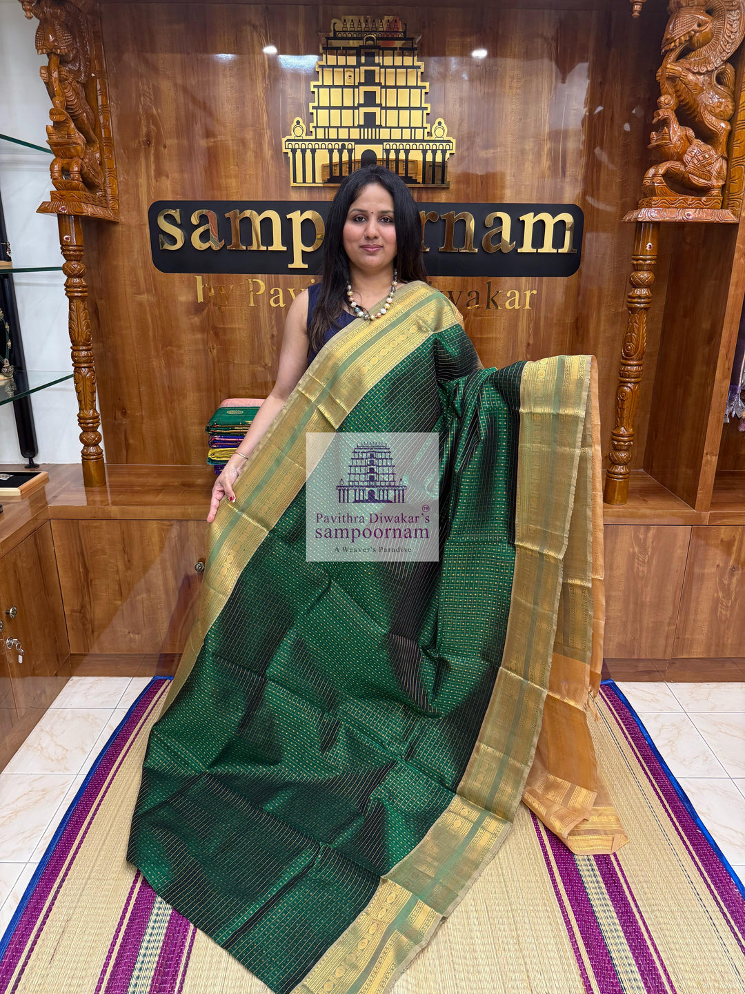 Dark Green with Beige , Zari Lakshadeepam Silk Cotton Saree